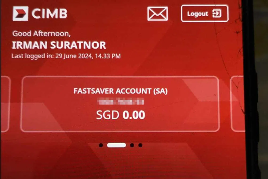 Logistics assistant Irman Suratnor found two of his savings accounts had zero balances when he checked his bank app at around 12.30pm on June 29.