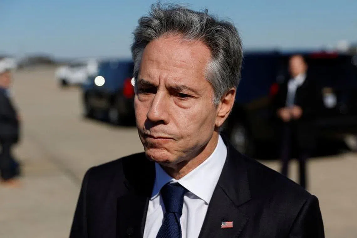 U.S. Secretary of State Antony Blinken speaks to reporters about the war between Israel and Hamas and the situation in Gaza as he boards his aircraft to depart Washington on travel to the Middle East and Asia at Joint Base Andrews, Maryland, U.S., November 2, 2023. REUTERS/Jonathan Ernst/Pool/File Photo