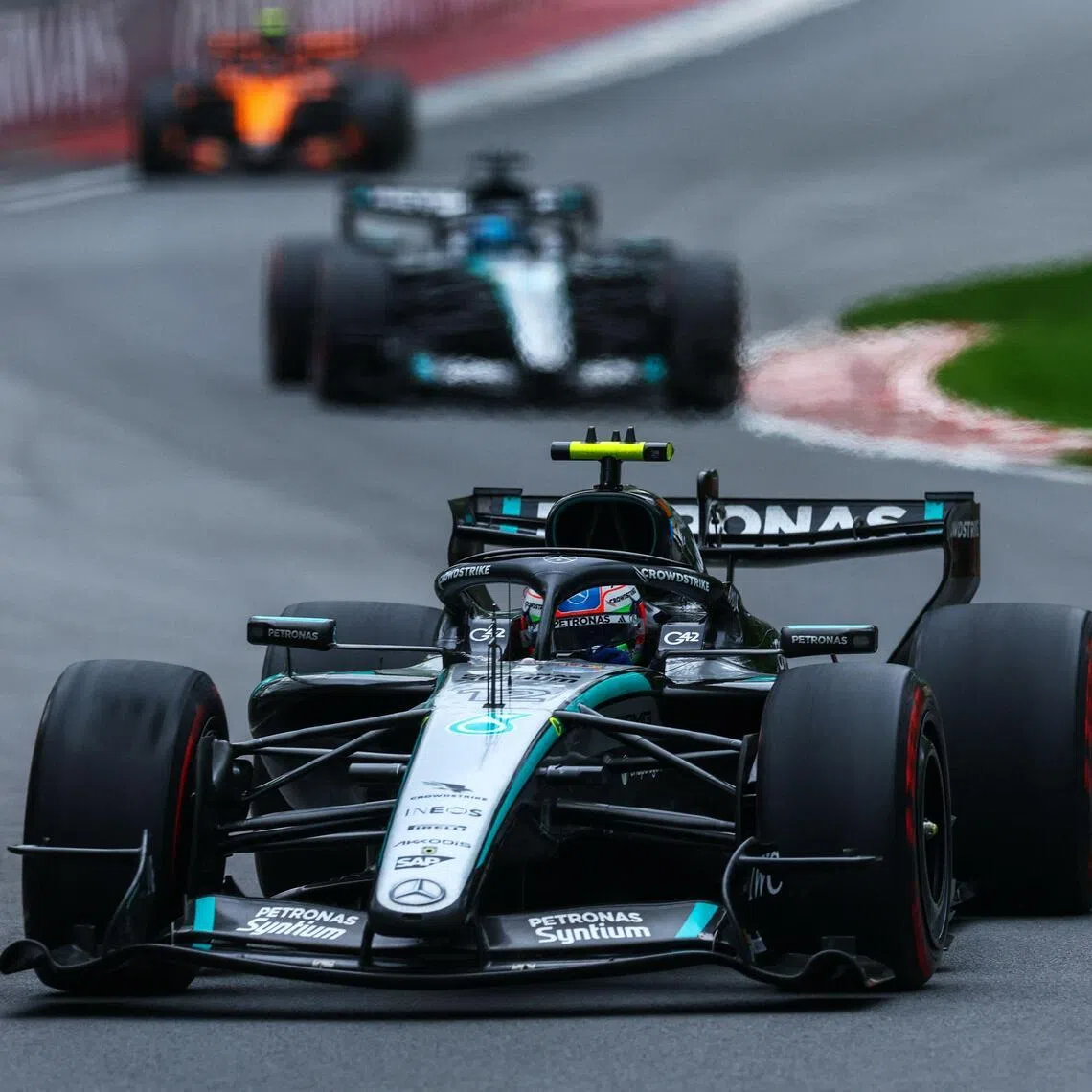 Kimi Antonelli leads Mercedes teammate George Russell during the Canadian Grand Prix at Circuit Gilles-Villeneuve on May 24.