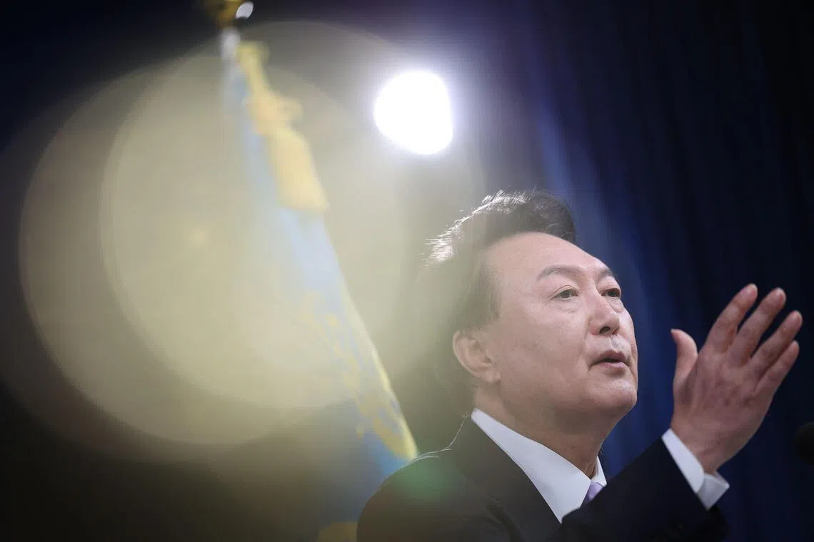 South Korean President Yoon Suk Yeol answers a reporter’s question during a press conference at the Presidential Office in Seoul on Nov 7, 2024. South Korea’s highest court on July 9, 2026 upheld ex-president Yoon Suk Yeol’s seven year prison sentence over crimes tied to his botched 2024 martial law declaration and its chaotic aftermath.