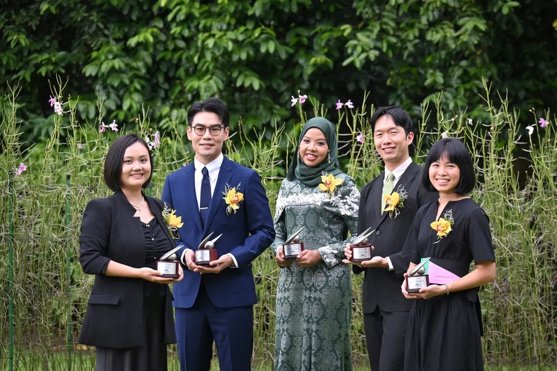 (From left) 2025 Young Artist Award recipients Ms He Yingshu, Mr Alvin Lee Chang Rong, Ms Syafiqah ’Adha Sallehin, Mr Daryl Qilin Yam, and Ms Genevieve Peck Jing Yi.