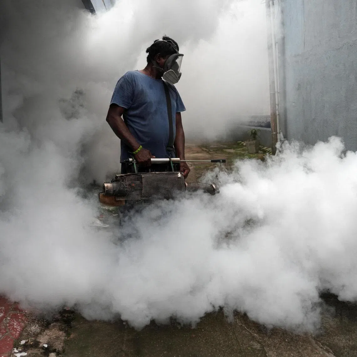 A worker fumigating a residential area during a mosquito control programme in Colombo, Sri Lanka, on June 19.
