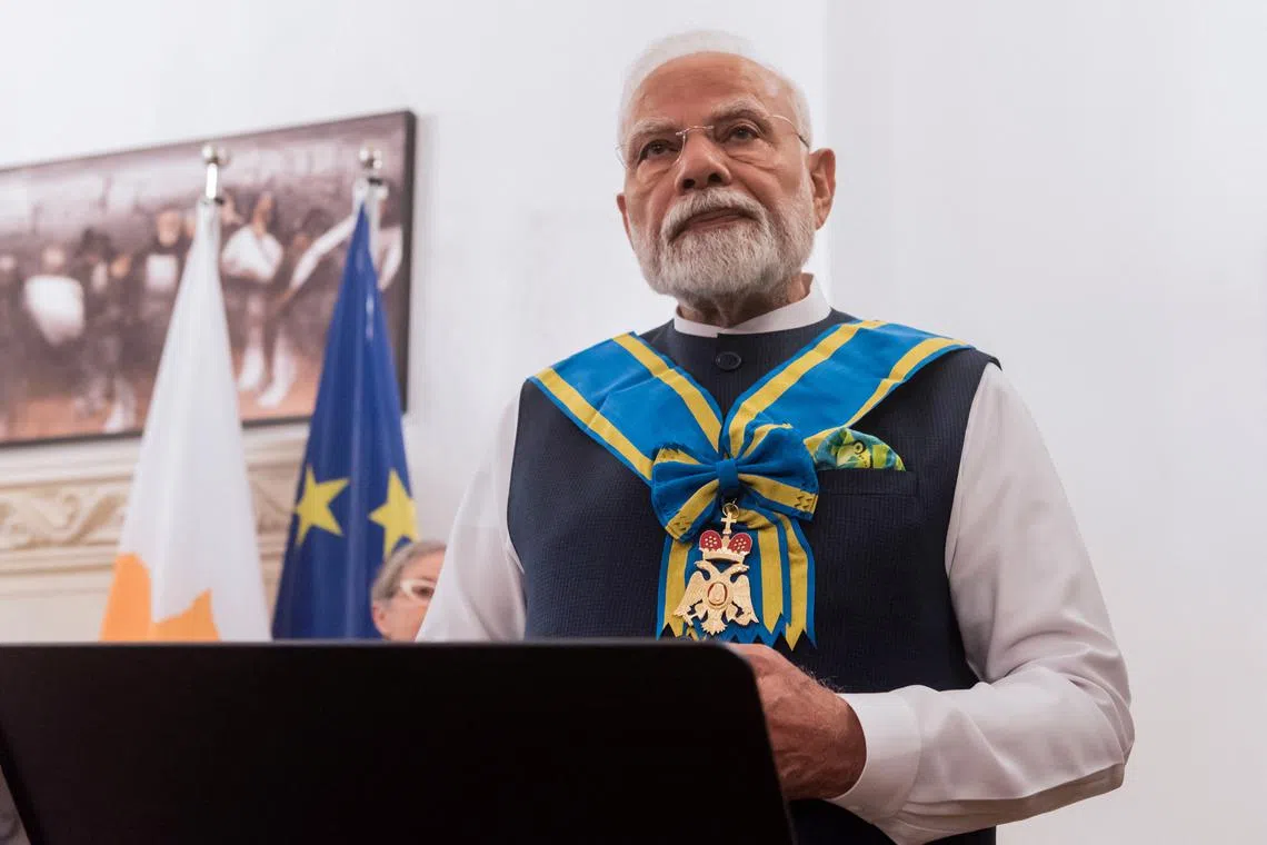 India's Prime Minister Narendra Modi speaks to the press after his meeting with Cyprus' president at the presidential palace in Nicosia, Cyprus, June 16, 2025. Iakovos Hatzistavrou/Pool via REUTERS
