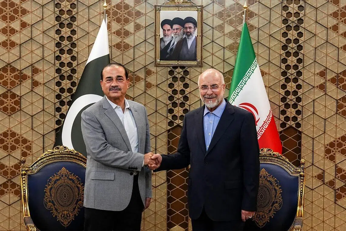 Iran’s Parliament Speaker Mohammad Bagher Ghalibaf (right) meeting Pakistan’s Army Chief Syed Asim Munir in Tehran on May 23.