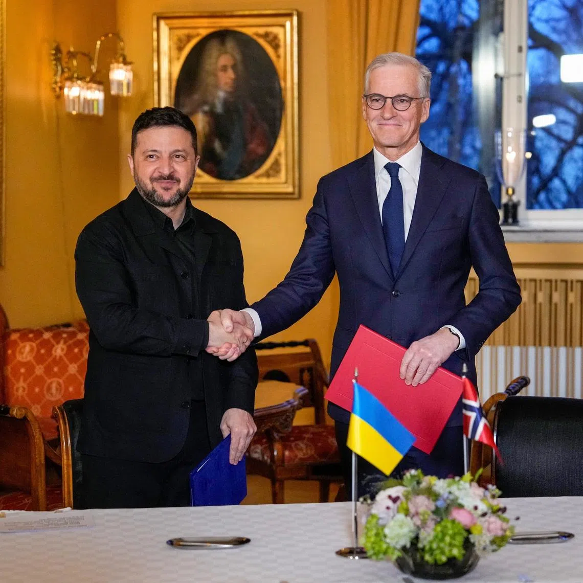 Norway's Prime Minister Jonas Gahr Stoere meets with Ukrainian President Volodymyr Zelenskiy at the government's representative residence, in Oslo, Norway, April 14, 2026. Cornelius Poppe/NTB/via REUTERS