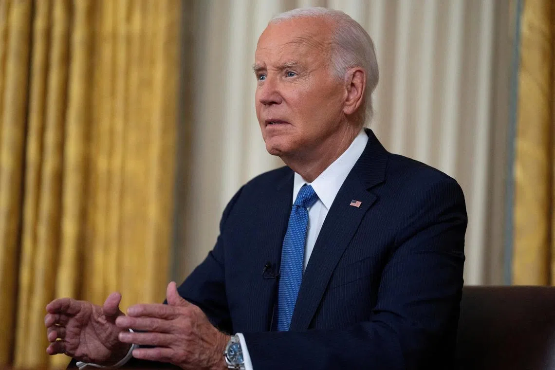 FILE PHOTO: U.S. President Joe Biden addresses the nation from the Oval Office of the White House in Washington, Wednesday, July 24, 2024, about his decision to drop his Democratic presidential reelection bid.     Evan Vucci/Pool via REUTERS/File Photo