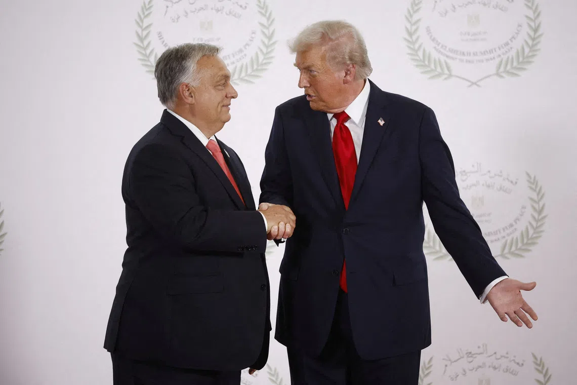 FILE PHOTO: U.S. President Donald Trump and Hungary's Prime Minister Viktor Orban shake hands as they pose for a photo in Sharm el-Sheikh, Egypt, October 13, 2025. Yoan Valat/Pool via REUTERS/File Photo