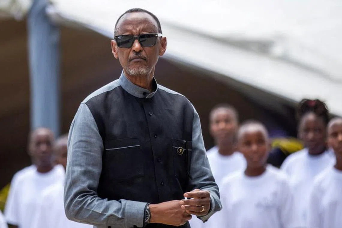 FILE PHOTO: Rwandan President Paul Kagame attends the lighting ceremony of the Rwandan genocide flame of hope, known as the \"Kwibuka\" (Remembering), to commemorate the 1994 Genocide at the Kigali Genocide Memorial Center in Kigali, Rwanda April 7, 2023. REUTERS/Jean Bizimana/File Photo
