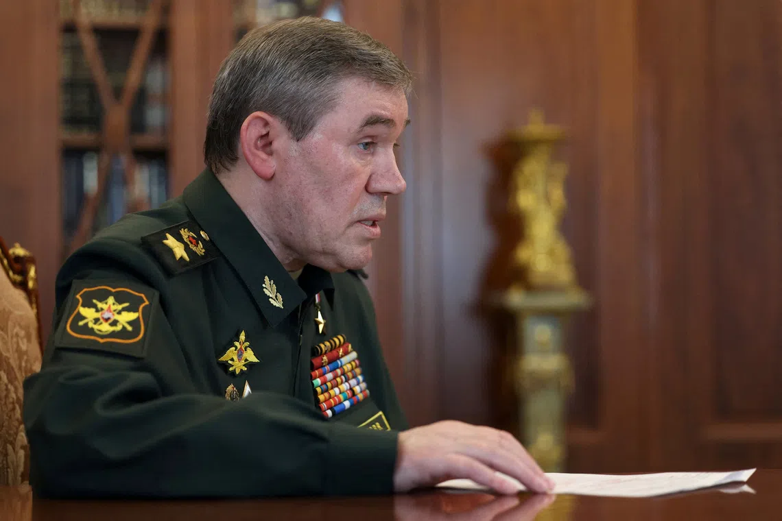 FILE PHOTO: Chief of the General Staff of Russian Armed Forces Valery Gerasimov attends a meeting with Russian President Vladimir Putin in Moscow, Russia April 19, 2025. Sputnik/Vyacheslav Prokofyev/Pool via REUTERS ATTENTION EDITORS - THIS IMAGE WAS PROVIDED BY A THIRD PARTY./File Photo