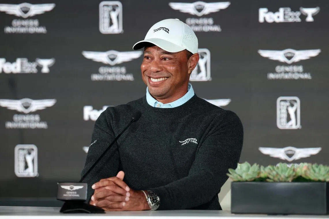 Genesis Invitational tournament host Tiger Woods speaking to the media during a press conference at The Riviera Country Club at Pacific Palisades in California on Feb 17, 2026.