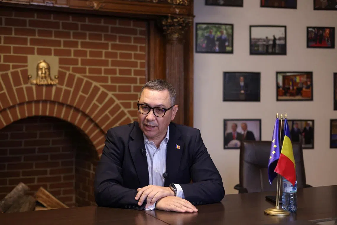 Former Romanian Prime Minister and presidential candidate Victor Ponta attends an interview with Thomson Reuters, ahead of May presidential ballot re-run, in Bucharest, Romania, April 7, 2025. Inquam Photos/George Calin via REUTERS