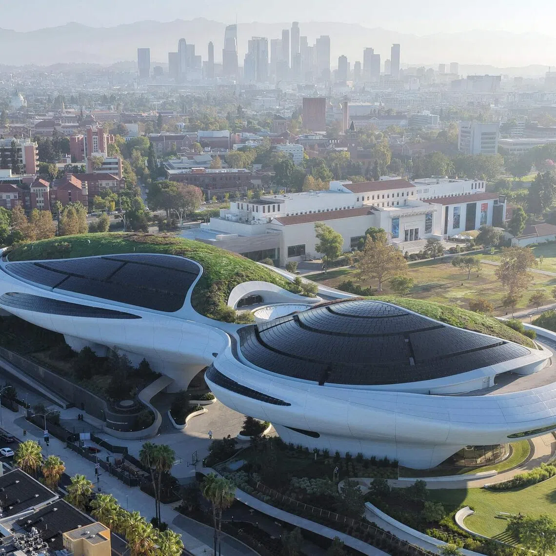 An aerial view of the Lucas Museum of Narrative Art before a media preview of the 300,000 sq ft structure in Exposition Park in Los Angeles, California.