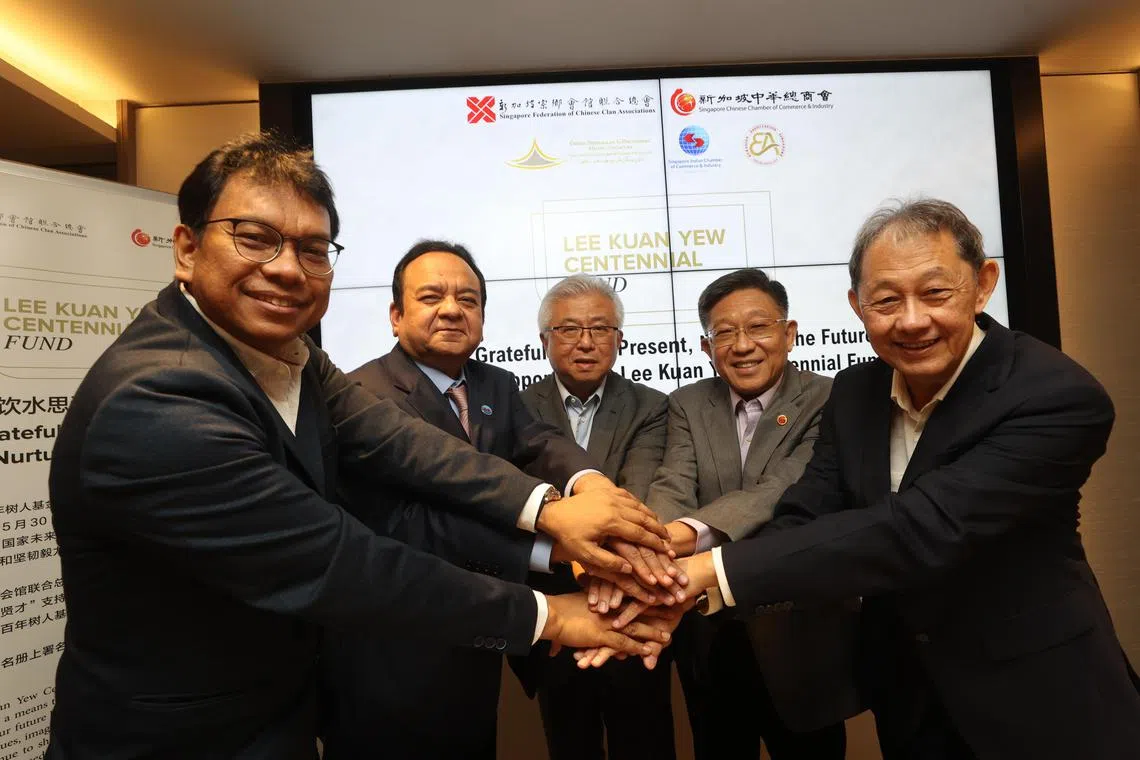 (From left) SMCCI deputy president Azhar Othman, SICCI chairman Neil Parekh, SFCCA president Thomas Chua, SCCCI president Kho Choon Keng and EAS first vice-president Vincent Schoon at the launch of the initiative.