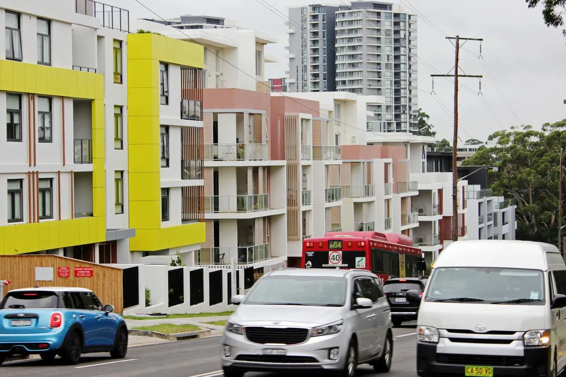 A row of newly built apartment blocks is seen in the Sydney suburb of Epping, in Australia, on Feb 1, 2019. 