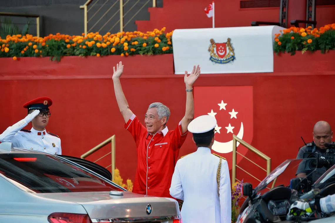 Prime Minister Lee Hsien Loong arriving for National Day Parade (NDP) at the Padang on Aug 9, 2023. ST PHOTO: KEVIN LIM