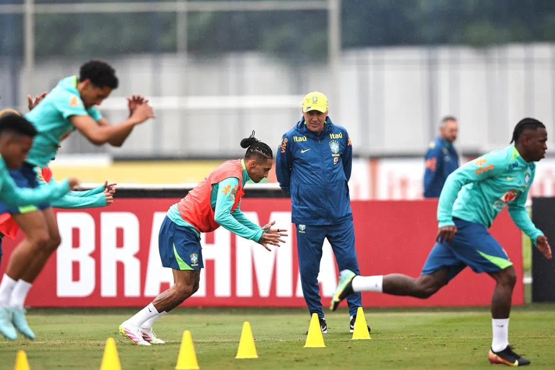 Brazil coach Carlo Ancelotti looks on during a training session ahead of a World Cup qualifier against Ecuador.
