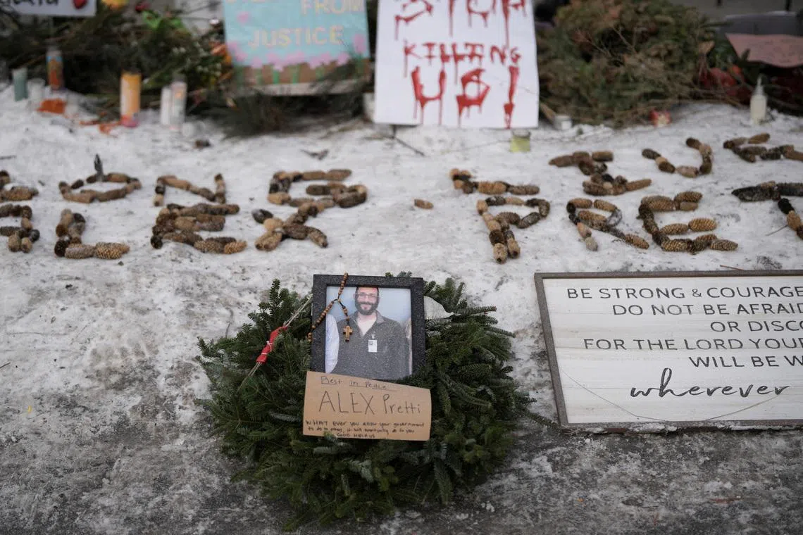 A makeshift memorial at the site where a man identified as Alex Pretti was fatally shot by federal immigration agents trying to detain him, in Minneapolis, Minnesota.