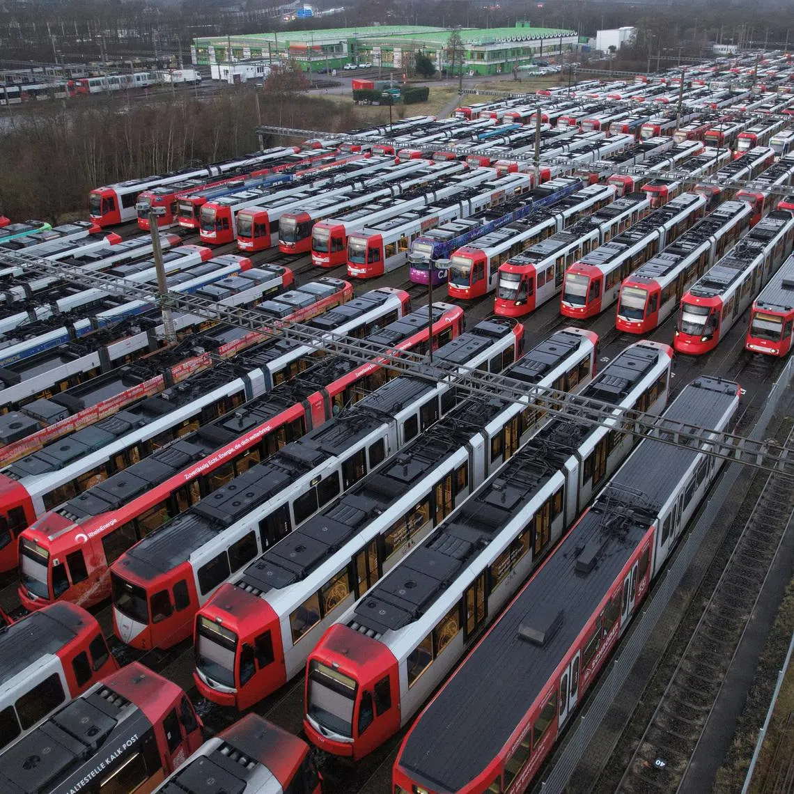 Trams at a depot in the suburb of Merheim in Cologne, Germany, during a nationwide transport strike on Feb 2.