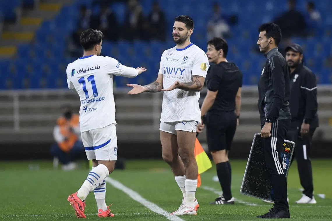 Soccer Football - Saudi Pro League - Al Fayha v Al Hilal - King Abdullah Sports City Stadium, Buraydah, Saudi Arabia - March 7, 2025 Al Hilal's Aleksandar Mitrovic comes on as a substitute to replace Marcos Leonardo REUTERS/Stringer