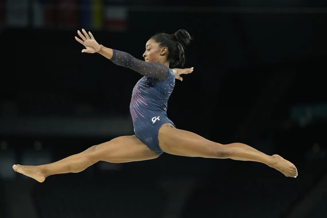 Jul 25, 2024; Paris, France; Simone Biles during a practice session before the Paris 2024 Olympic Summer Games at Bercy Arena. Mandatory Credit: Kyle Terada-USA TODAY Sports