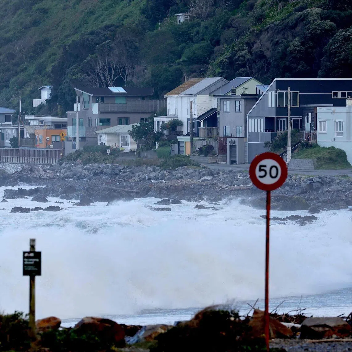 Stormy seas pound the coastline in Wellington, New Zealand, earlier in the month on June 9.