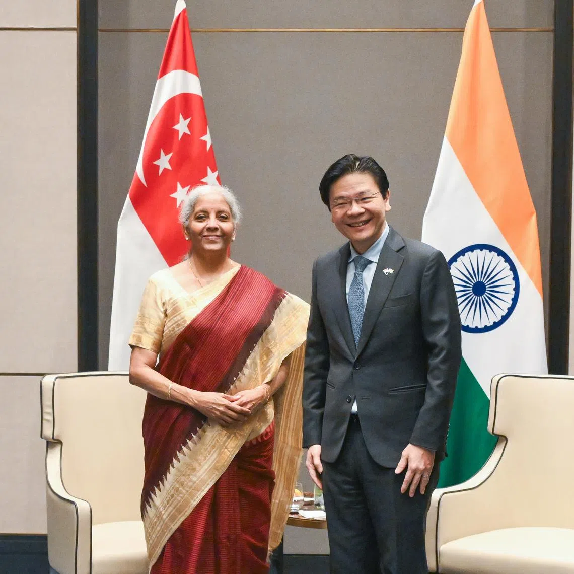 Prime Minister Lawrence Wong (right) meeting India Finance Minister Nirmala Sitharaman at the Taj Mahal Hotel on Sep 2.