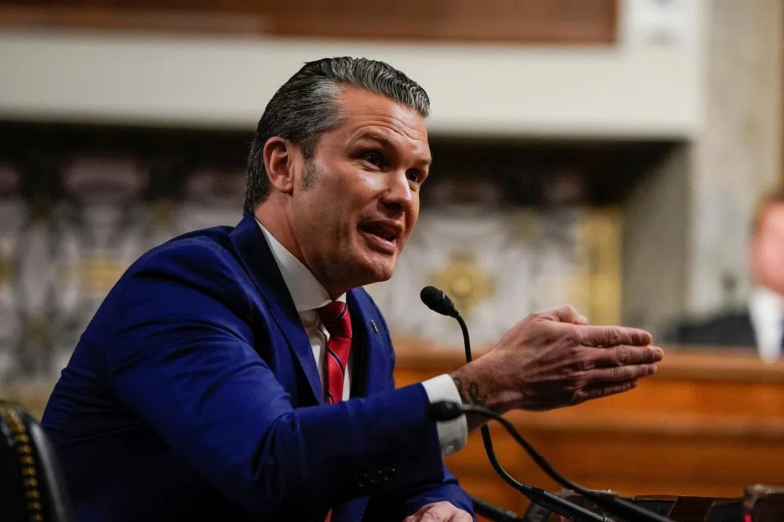 FILE PHOTO: Pete Hegseth, U.S. President-elect Donald Trump's nominee to be secretary of defense, testifies before a Senate Committee on Armed Services confirmation hearing on Capitol Hill in Washington, U.S., January 14, 2025. REUTERS/Elizabeth Frantz/File Photo
