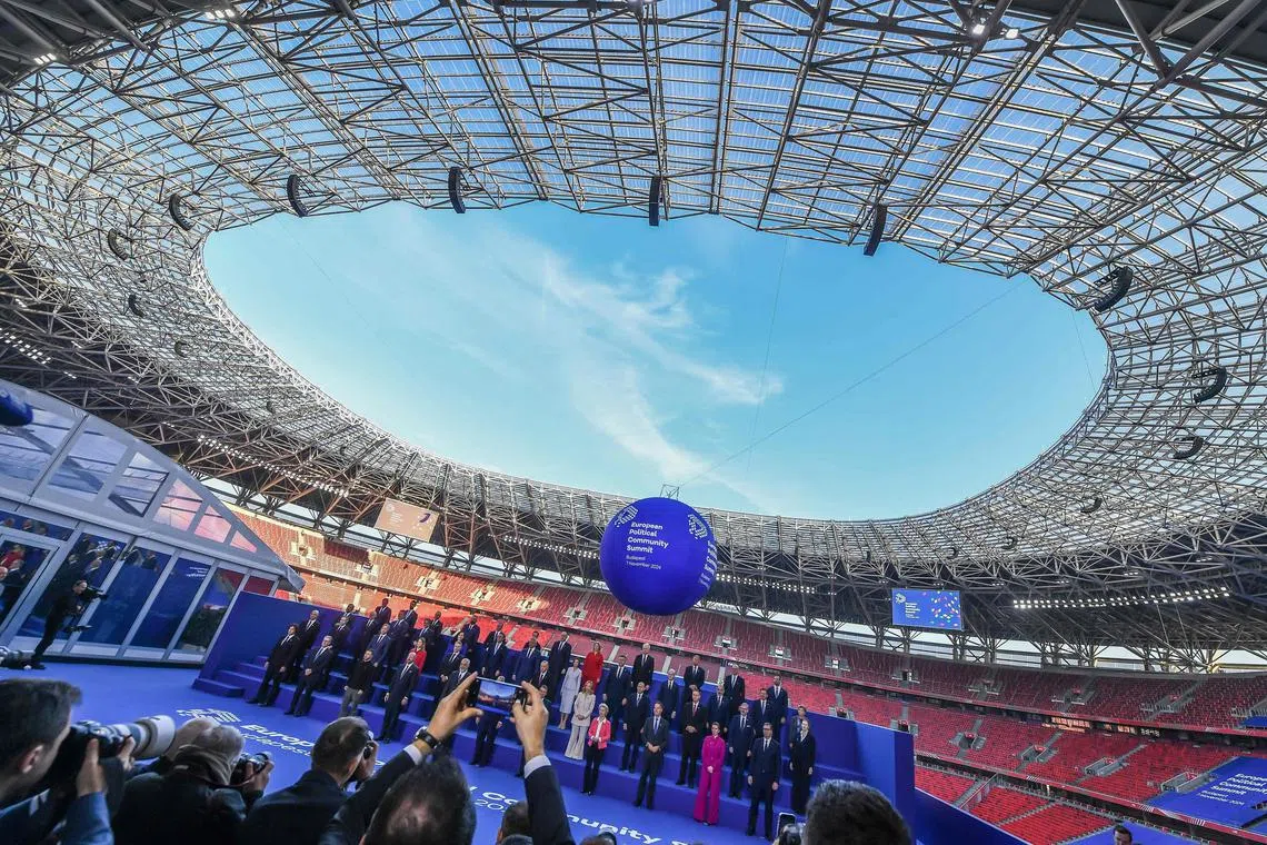 Participants in the European Political Community Summit posing for a family photo in Budapest, on Nov 7.