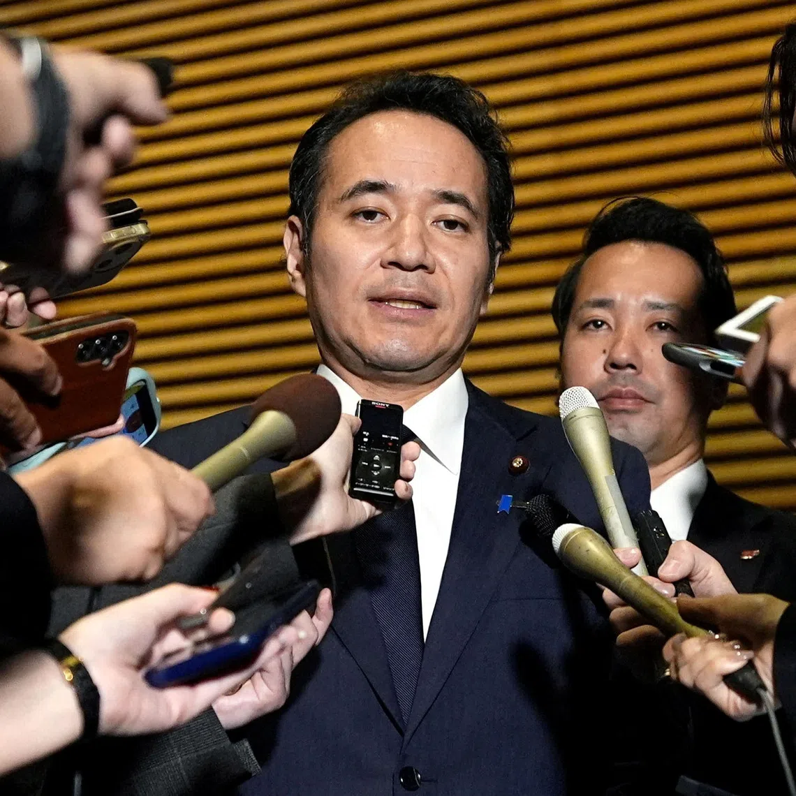 Japan's Minister for Agriculture, Forestry and Fisheries Kazuo Yana speaks to media after expressing his intention to resign to the Prime Minister Sanae Takaichi at Takaichi's official residence in Tokyo, Japan October 14, 2026, in this photo taken by Kyodo. Kyodo/via REUTERS