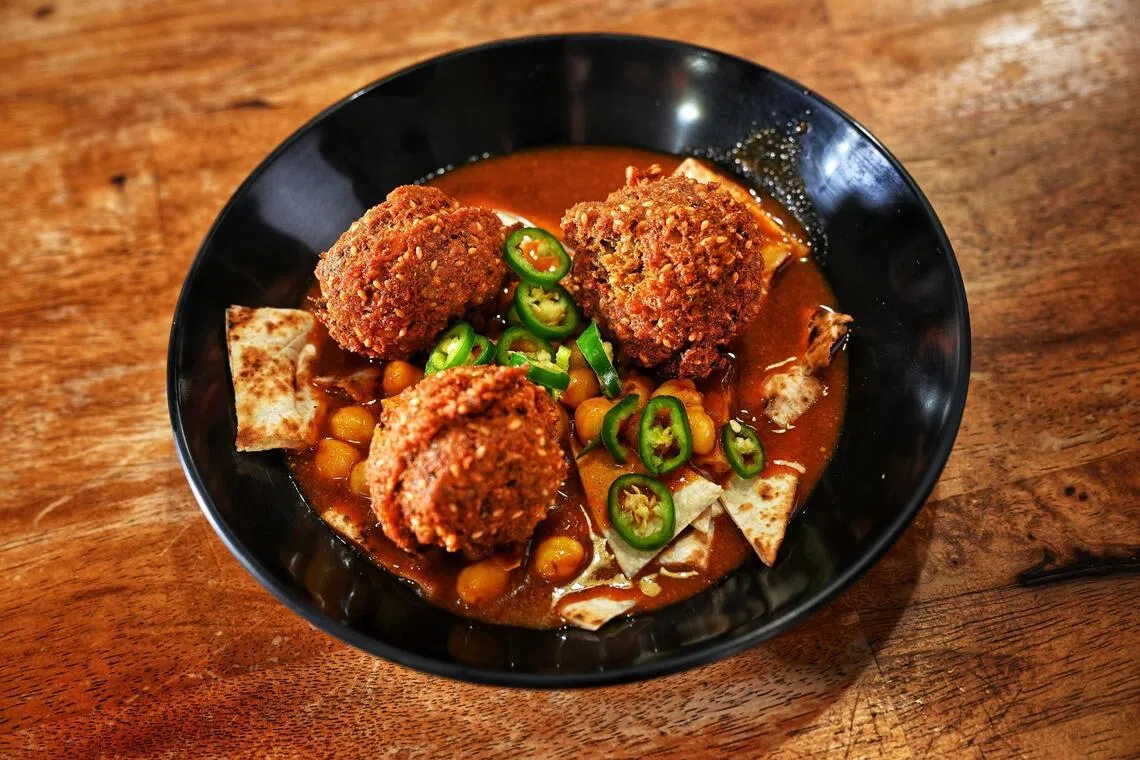 Tashreeb With Falafel from hawker-style Pete’s Mediterranean Grill.