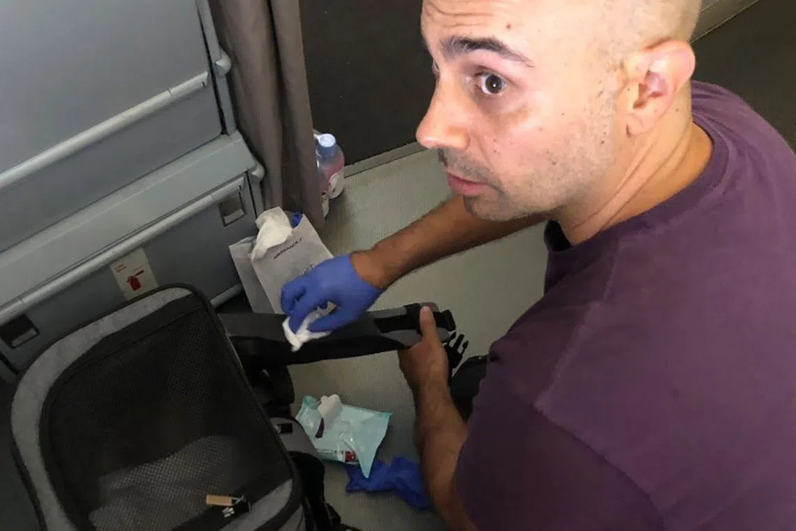 Mr Habib Battah, a journalist, was on an Air France flight from Paris to Toronto when he had to deal with a carped soaked in blood and faeces.
