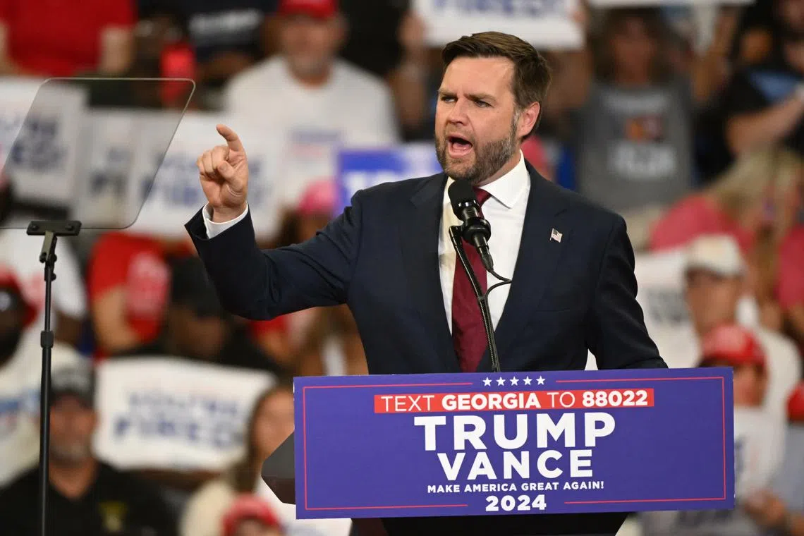 Republican vice presidential candidate Senator JD Vance of Ohio speaks during a campaign rally at the Georgia State Convocation Center.