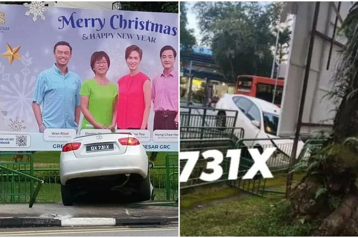 The white car had crashed through the fencing along the pavement in Balestier.