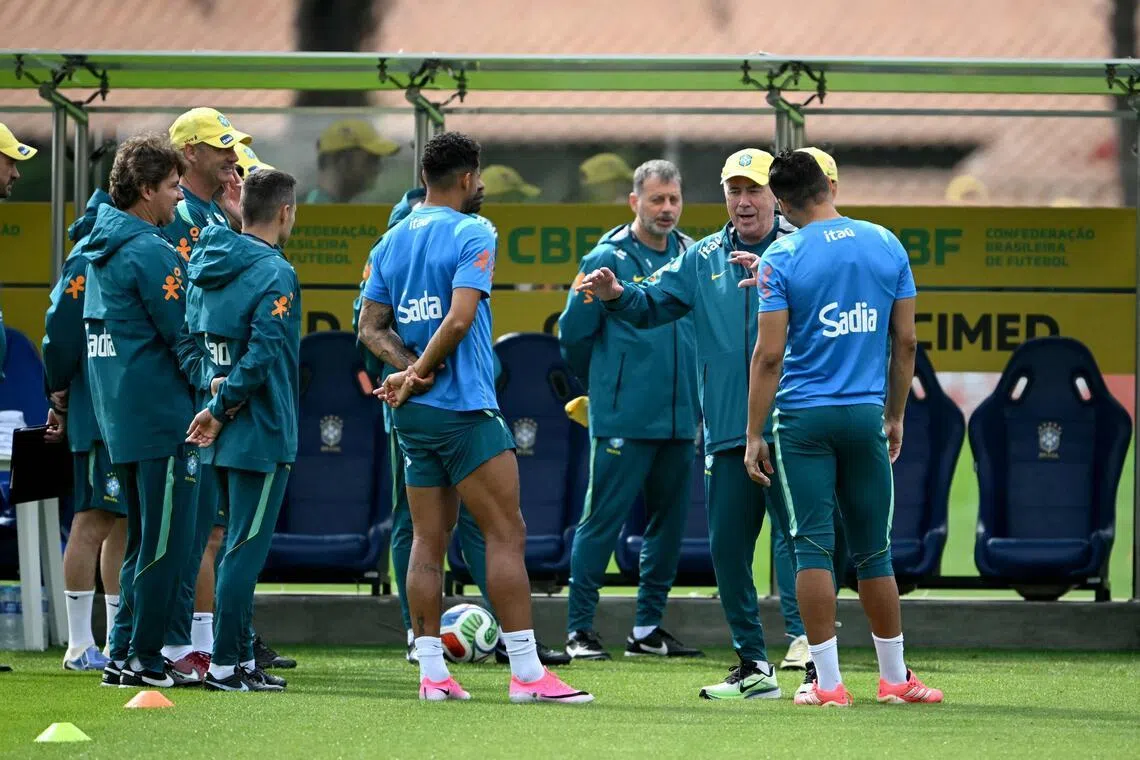 Brazil coach Carlo Ancelotti during a training session at the Granja Comary training center in Teresopolis, Rio de Janeiro.