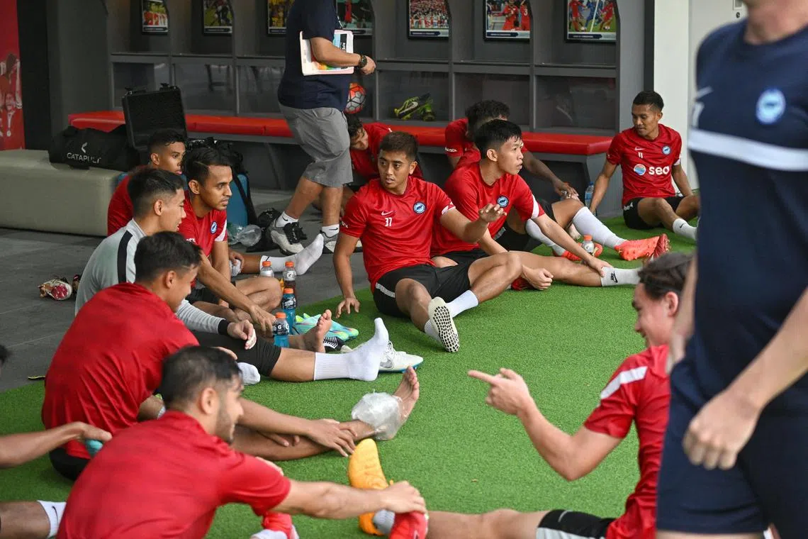 Singapore's Lions taking a break during a training session at the Kallang Foodball Hub on Dec 21, 2022. 