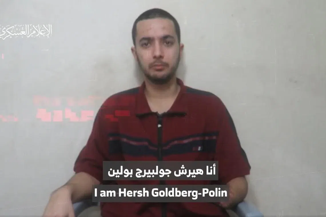 A screenshot from the video, which was originally posted on Hamas’ official Telegram account.