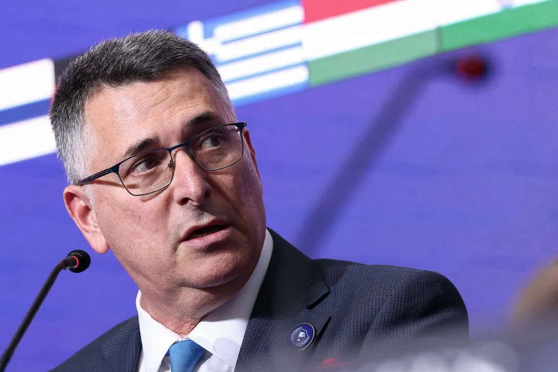 FILE PHOTO: Israeli Foreign Minister Gideon Saar attends the inaugural Board of Peace meeting at the U.S. Institute of Peace in Washington, D.C., U.S., February 19, 2026. REUTERS/Kevin Lamarque/File Photo