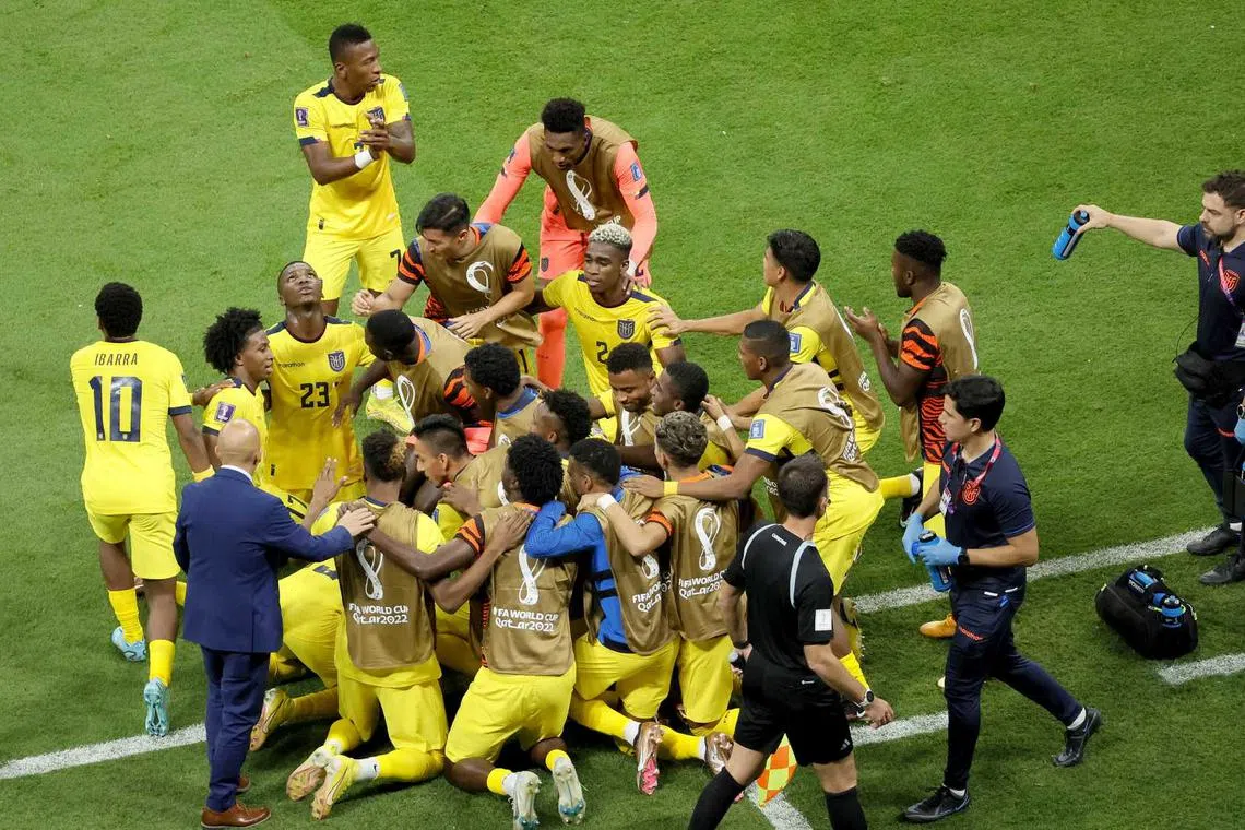 Players of Ecuador celebrate their second goal during the FIFA World Cup 2022 group A opening match between Qatar and Ecuador at Al Bayt Stadium in Al Khor, Qatar, Nov 20, 2022. 