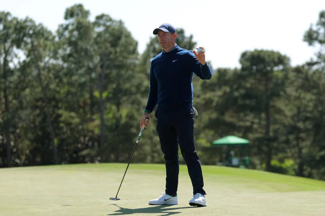 Golf - The Masters - Augusta National Golf Club, Augusta, Georgia, U.S. - April 9, 2026  Northern Ireland's Rory McIlroy reacts on the 18th hole during the first round REUTERS/Mike Segar