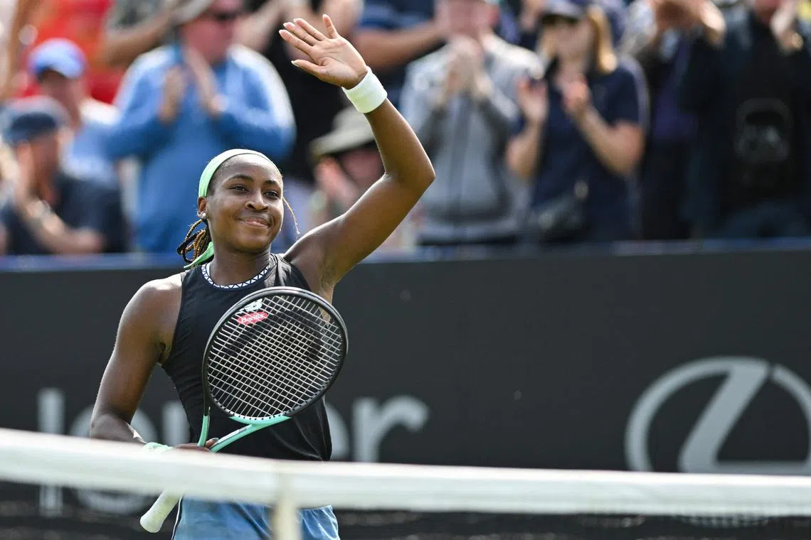 US player Coco Gauff celebrates her win against compatriot Jessica Pegula.