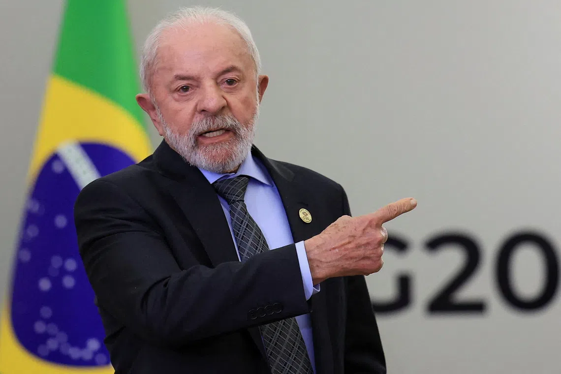Brazil's President Luiz Inacio Lula da Silva gestures at a press conference on the second day of the G20 Leaders' Summit in Johannesburg, South Africa, November 23, 2025. REUTERS/Esa Alexander