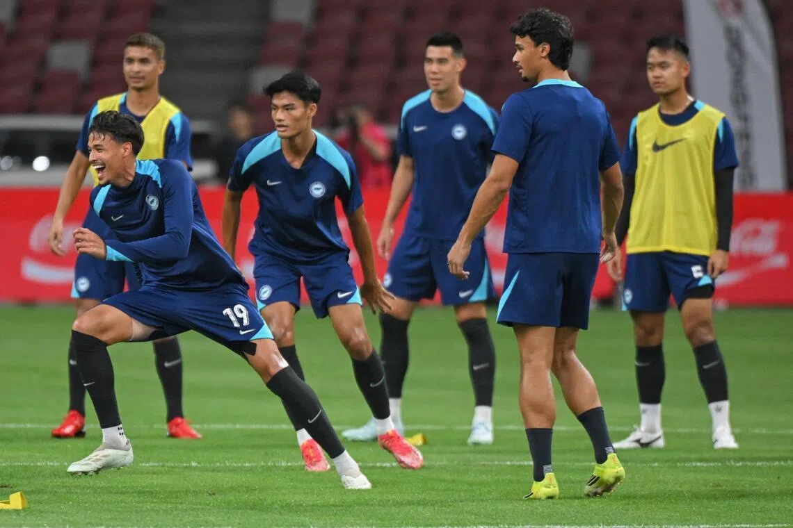 Ilhan Fandi (far left) of Singapore in action during a training session held at the National Stadium ahead of the Asian Cup qualifier against Bangladesh on March 31, 2026.
