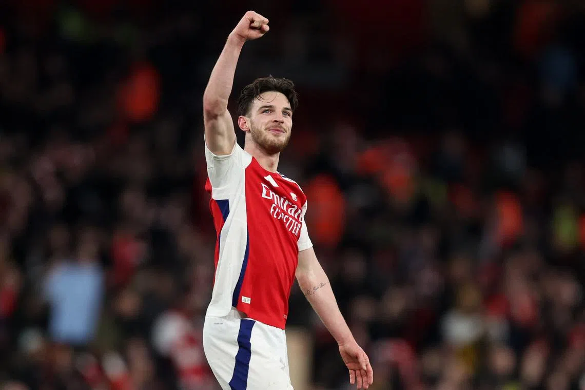 Soccer Football - Premier League - Arsenal v Manchester City - Emirates Stadium, London, Britain - February 2, 2025 Arsenal's Declan Rice celebrates after the match REUTERS/David Klein