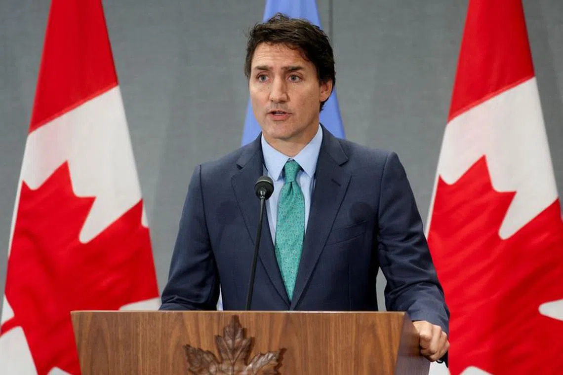 FILE PHOTO: Canadian Prime Minister Justin Trudeau holds a press conference on the sidelines of the UNGA in New York, U.S., September 21, 2023 as tensions escalate following Canada's announcement that it was "actively pursuing credible allegations" linking Indian government agents to the murder of a Sikh separatist leader in June. REUTERS/Mike Segar/File Photo