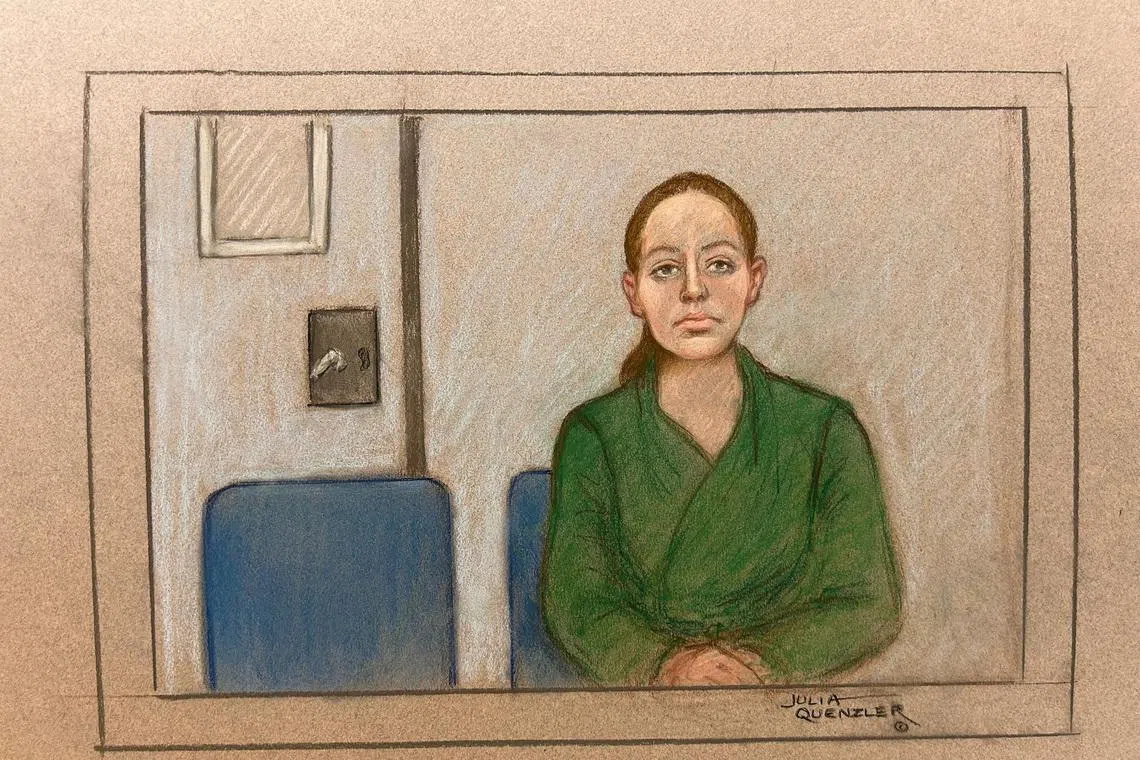 Lucy Letby appearing via video link at an appeal against her conviction, in a 2024 courtroom sketch.