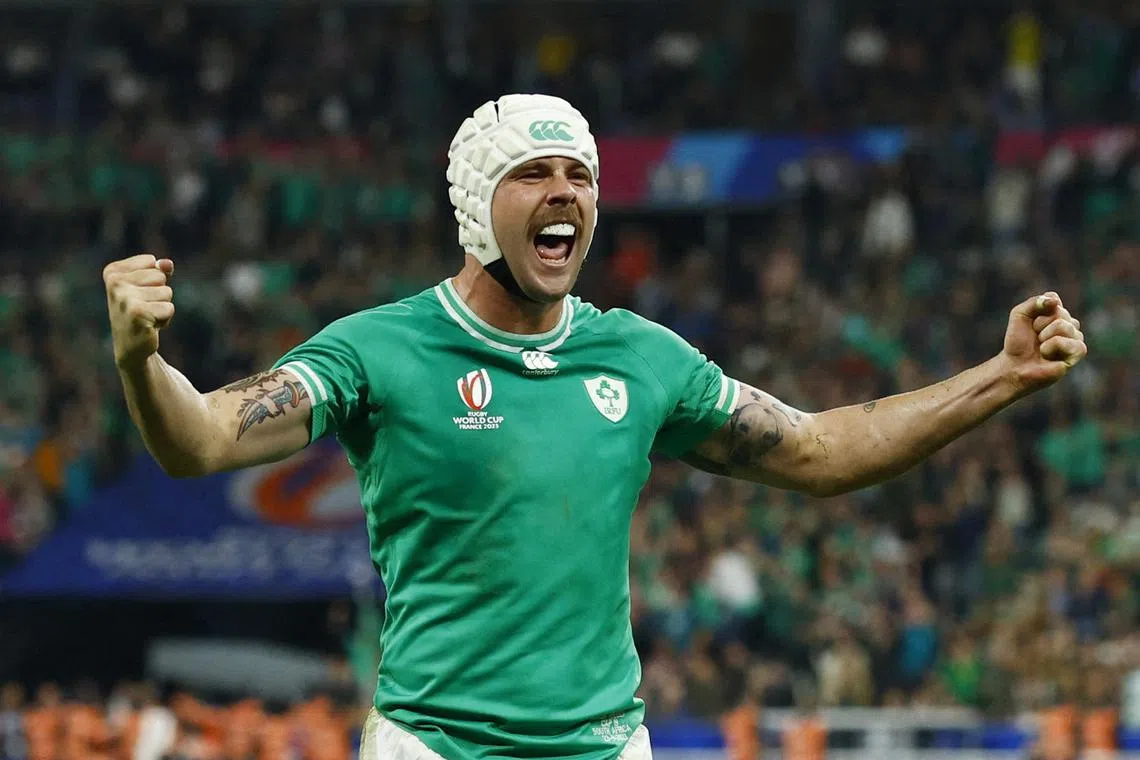 FILE PHOTO: Rugby Union - Rugby World Cup 2023 - Pool B - South Africa v Ireland - Stade de France, Saint-Denis, France - September 23, 2023 Ireland's Mack Hansen celebrates after the match REUTERS/Gonzalo Fuentes/File Photo