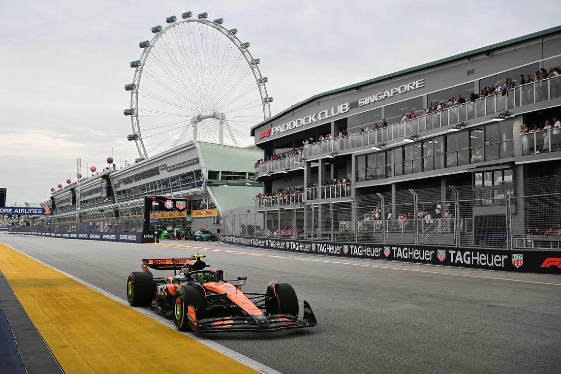 McLaren's Lando Norris in action during the final practice session of the 2025 Formula One Singapore Airlines Singapore Grand Prix at the Marina Bay Street Circuit on Oct 4, 2025. 