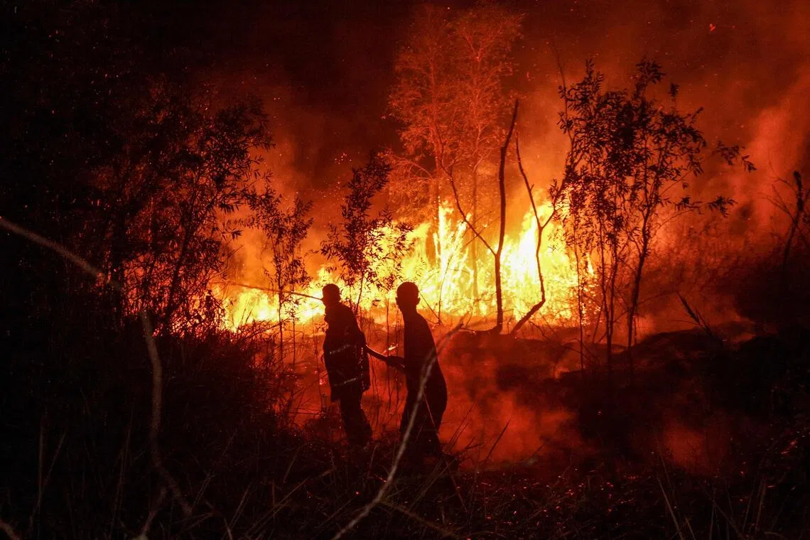 Firefighters work on containing a wildfire in Banjarbaru, South Kalimantan province.