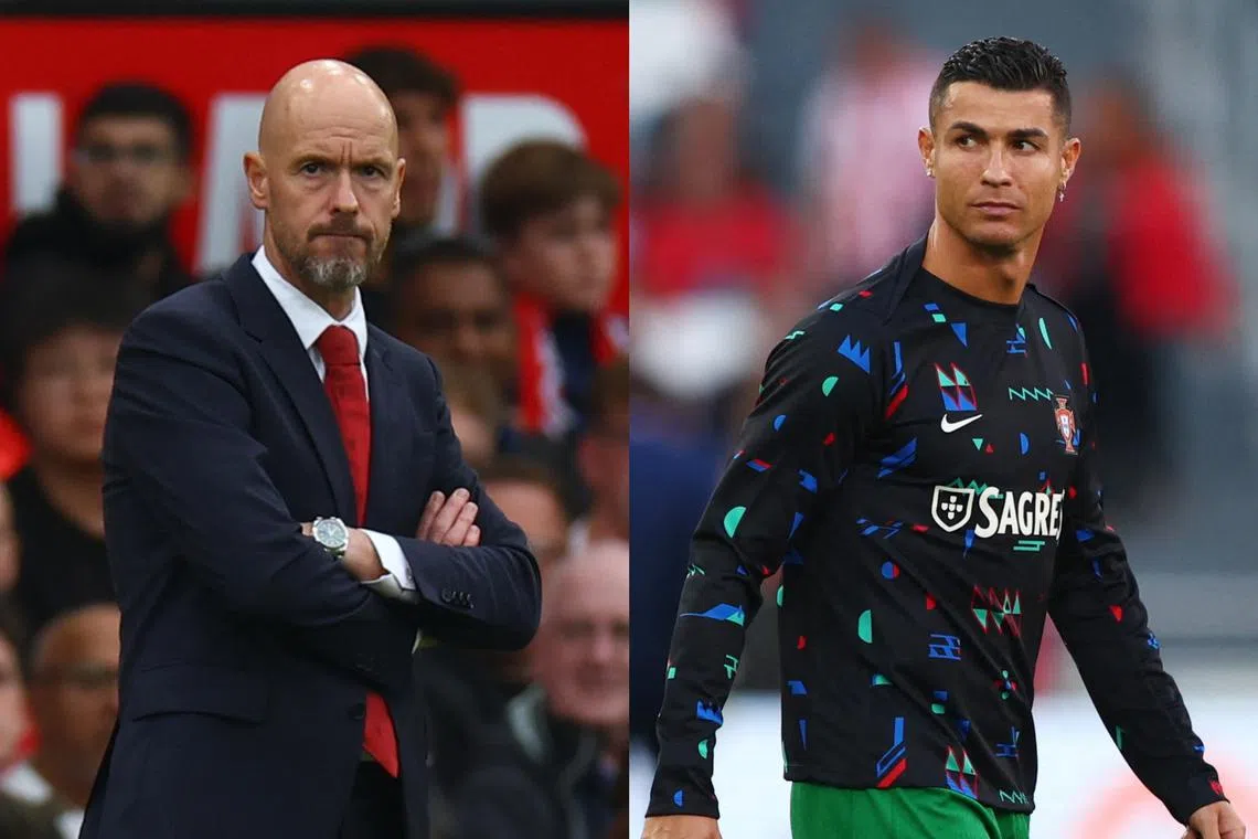 Ronaldo accused Manchester United manager Erik ten Hag (left) of failing to respect him.