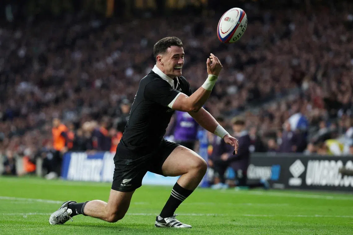 FILE PHOTO: Rugby Union - Autumn International - England v New Zealand - Allianz Stadium Twickenham, London, Britain - November 2, 2024 New Zealand's Will Jordan celebrates scoring their second try Action Images via Reuters/Paul Childs/File Photo